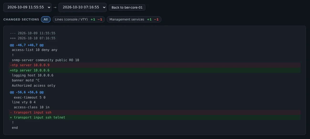 Comparaison de deux versions de configuration : les sections modifiées avec le nombre de lignes ajoutées et supprimées, et les différences