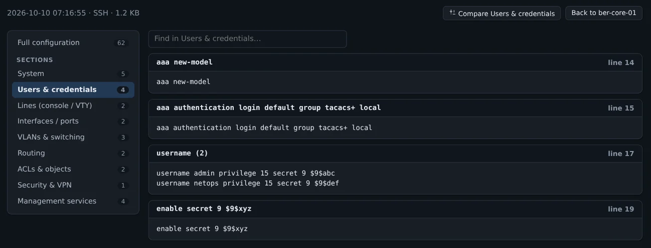 Une configuration découpée en sections, avec la section utilisateurs et identifiants