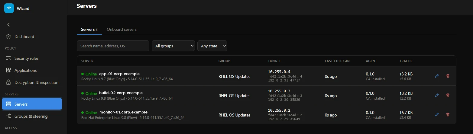 La liste des serveurs : trois serveurs Rocky Linux et Red Hat en ligne, chacun avec son groupe, ses adresses de tunnel, son dernier signal, la version de l'agent et son trafic